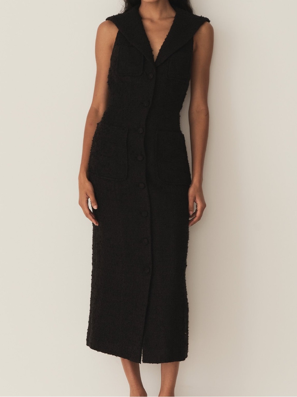 Dôen Alexandria Sleeveless Black Button-Front Midi Dress with Collar